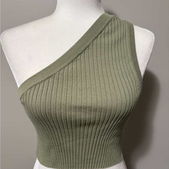Zara One-Shoulder Ribbed Knit Crop Top Olive Green - Picture 3 of 8